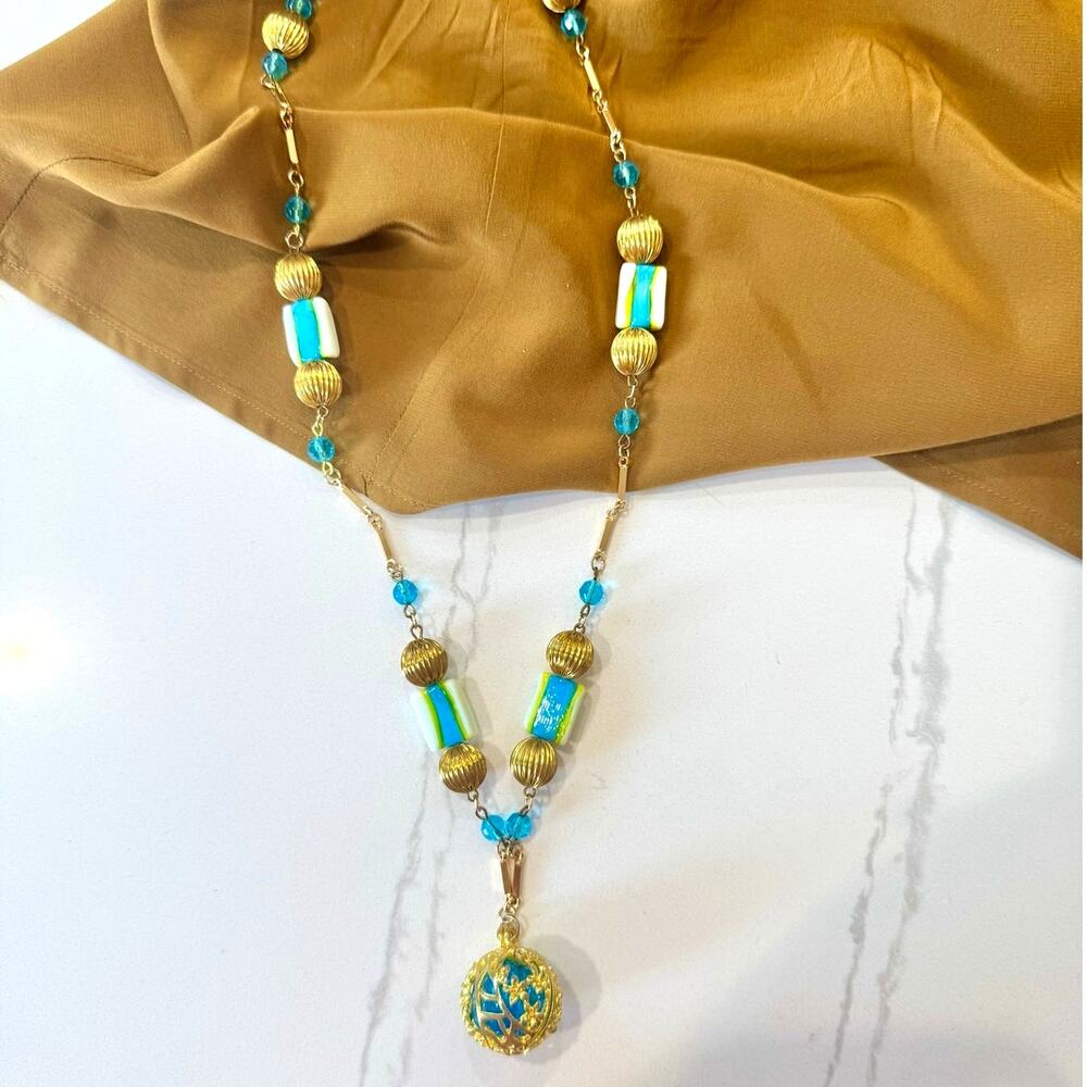 Vintage Art Glass Necklace Blue Green Filigree Orb Pendant Statement Boho